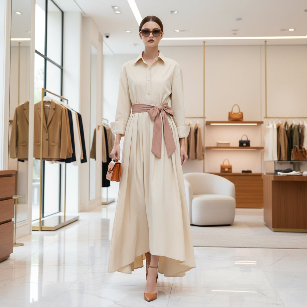 Long Sleeve Polo Collar High Waist Maxi Dress for Women – Solid Color Button Dress