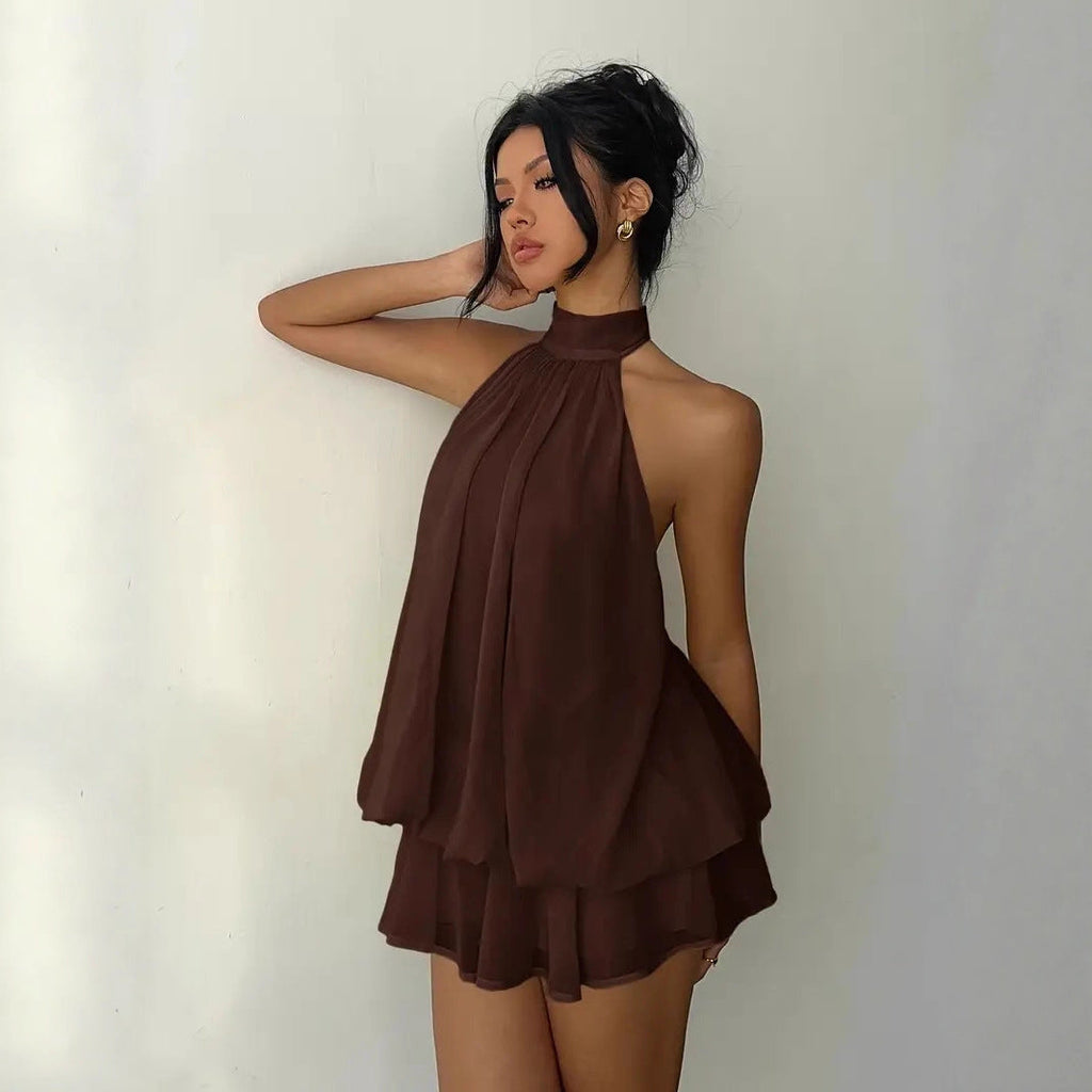 Women's Backless Halter Neck High-Waist Mini Dress with Puffy Skirt