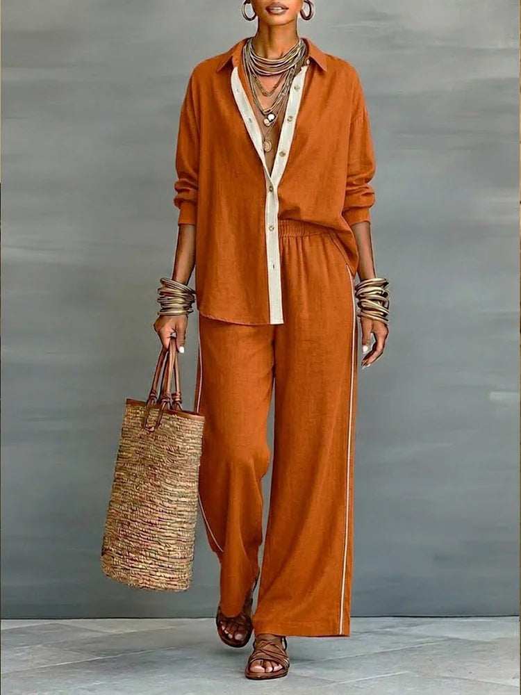 Contrast-Color Long-Sleeve Shirt & Pants Set – Two-Piece