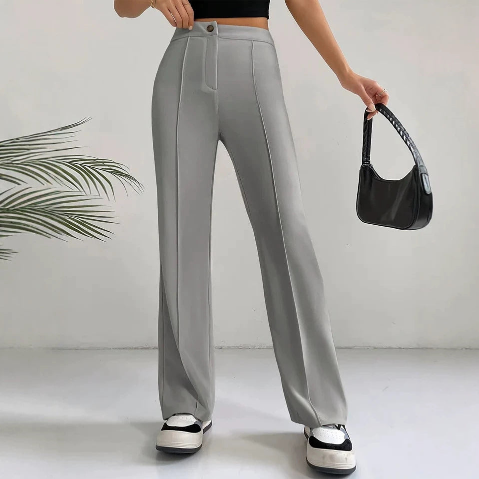 Women's High-Waisted Straight Flare Pants with Stitching Detail