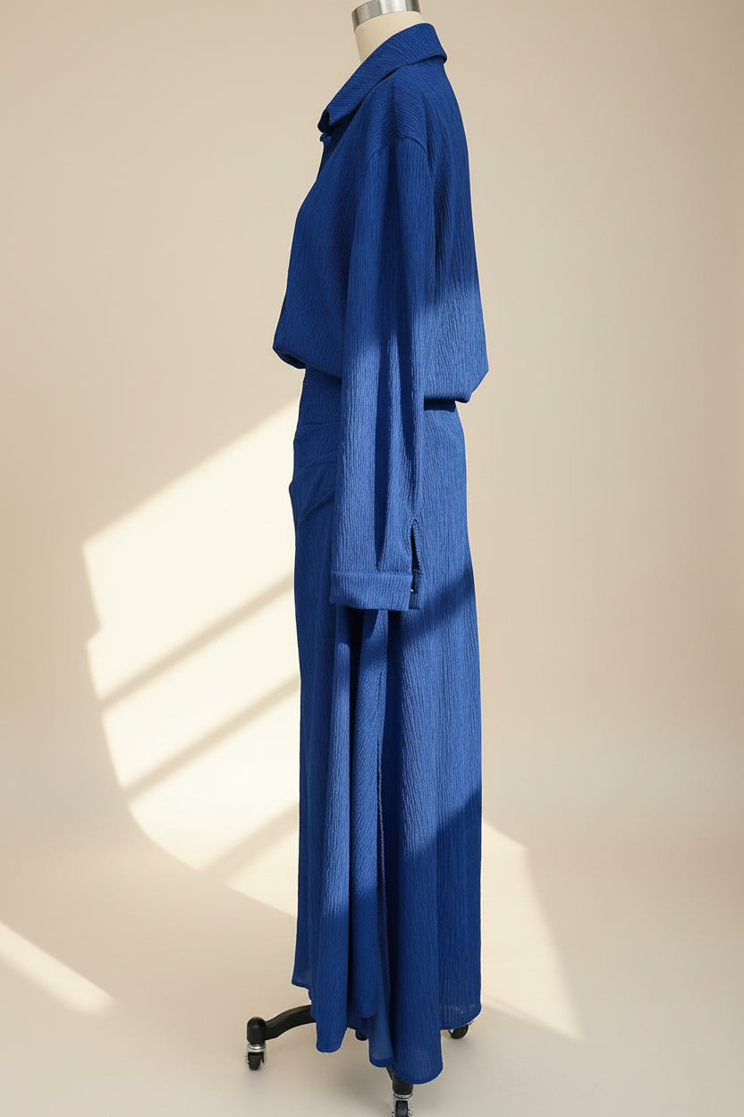 Women's Two-Piece Pleated Shirt & Draped Wrap Maxi Skirt Set – Long Sleeve Button Top