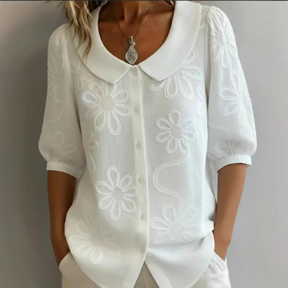 Women's Loose-Fit Retro 3D Embroidered Floral Shirt – Buttoned Casual Top