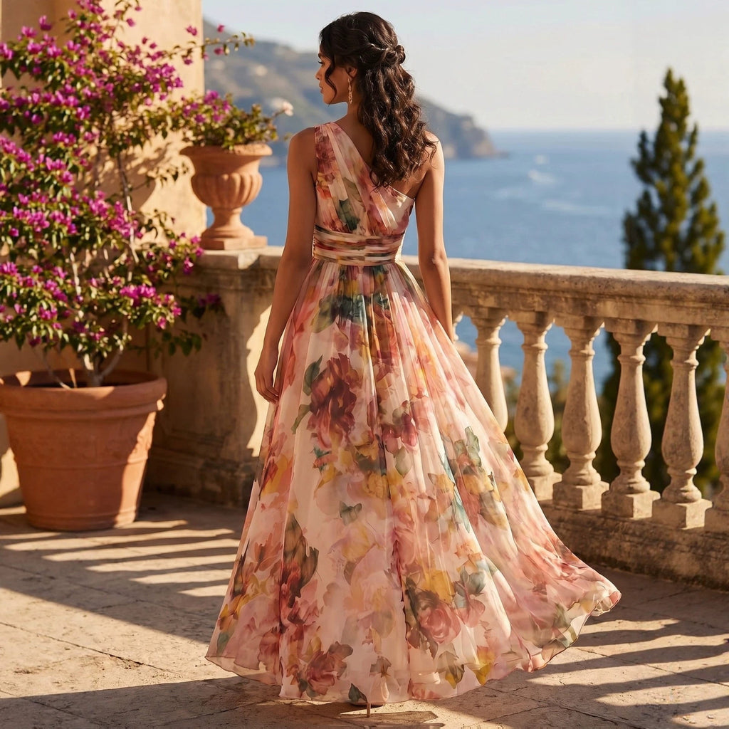 Floral One Shoulder Waist-Cinched Beach Maxi Dress