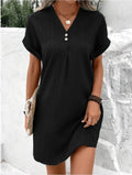 Button-Front V-Neck Dress – Short Sleeve Solid Casual Shirt Dress