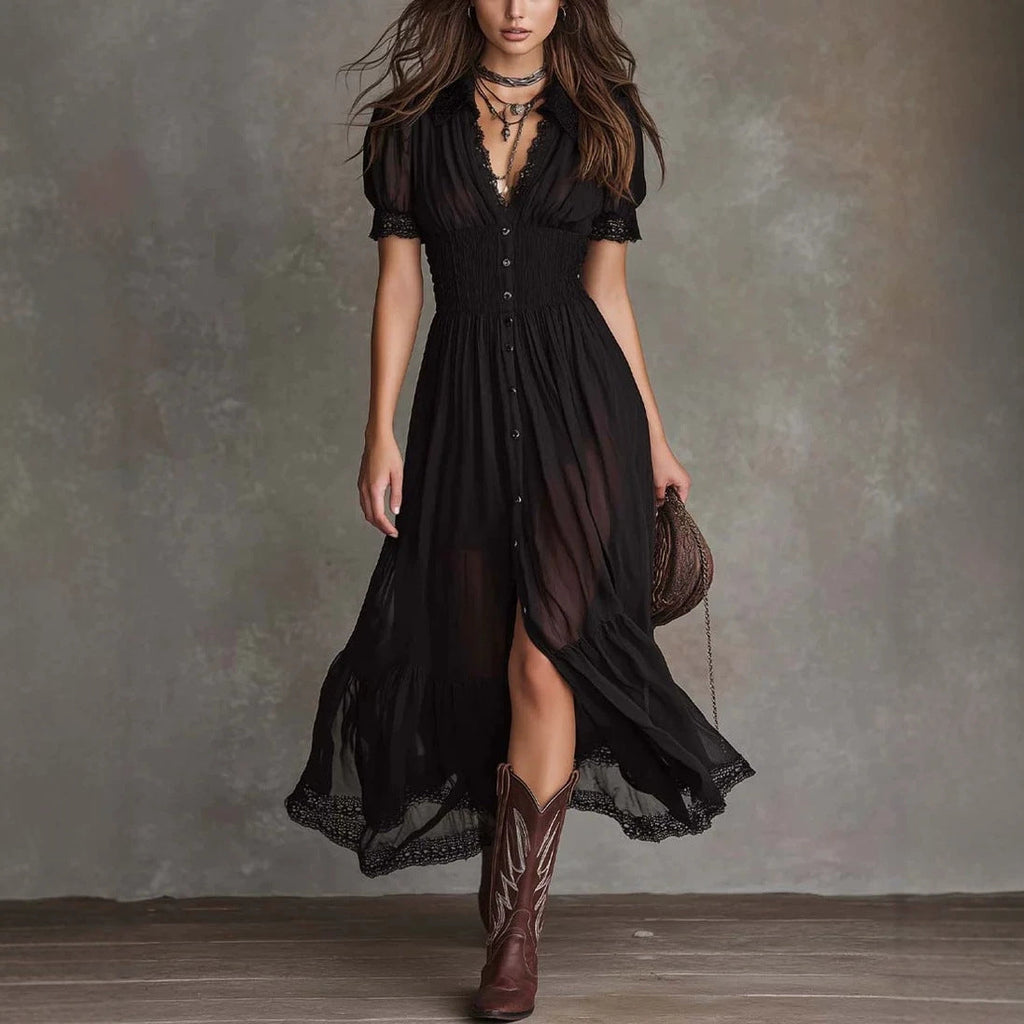 Women's Short Sleeve Bodycon Maxi Dress | Ruffled Hem Side Slit Dark Chic Dress in Black
