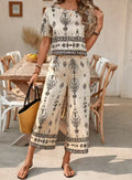 Women's Ethnic Print Contrast Two-Piece Set – Top & Straight-Leg Pants