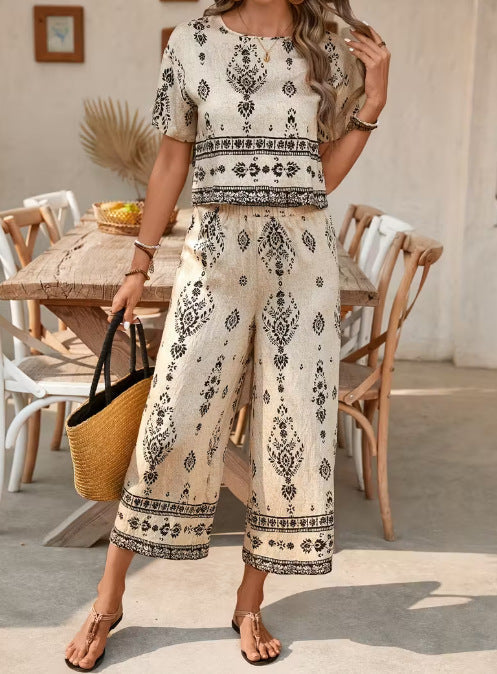 Women's Ethnic Print Contrast Two-Piece Set – Top & Straight-Leg Pants