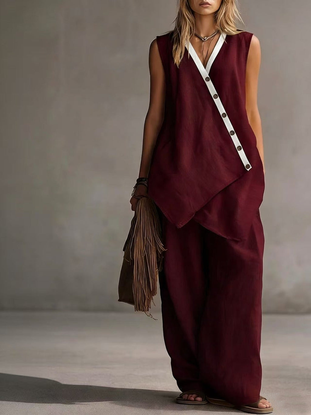 Women's Boho V-Neck Button Vest & Wide-Leg Pants Set