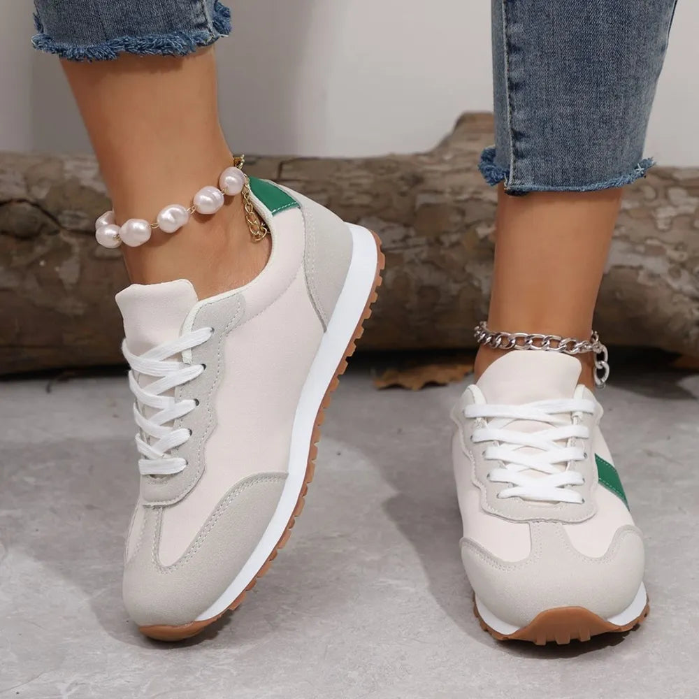 PU Leather Contrast Round Toe Flat Sneakers – Lace-Up Casual
