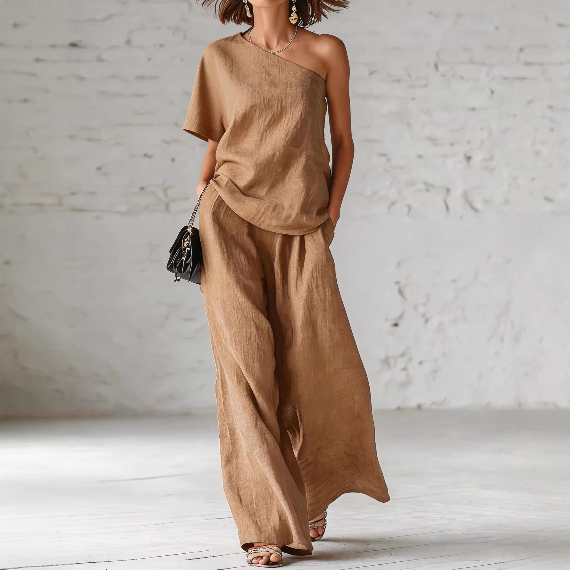 Women's Wide-Leg Pants & Top Set – 2-Piece Three-Quarter Sleeve Outfit