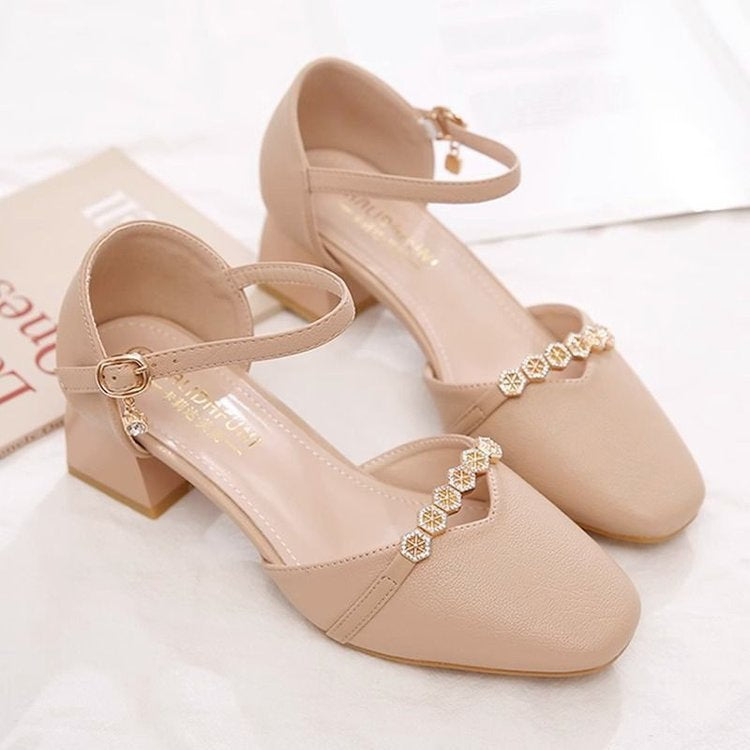 Women's Mid-Heel Slingback Pumps – Square Toe Buckle Strap