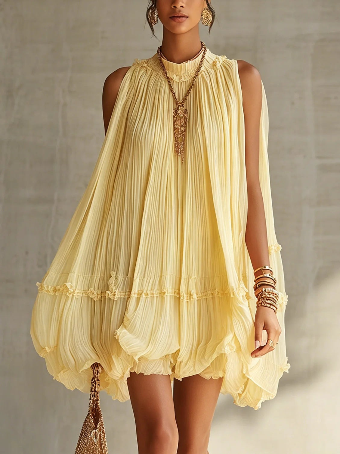 Women's Sleeveless Pleated Puff Skirt A-Line Mini Dress – Ruffled Hem Baby Doll