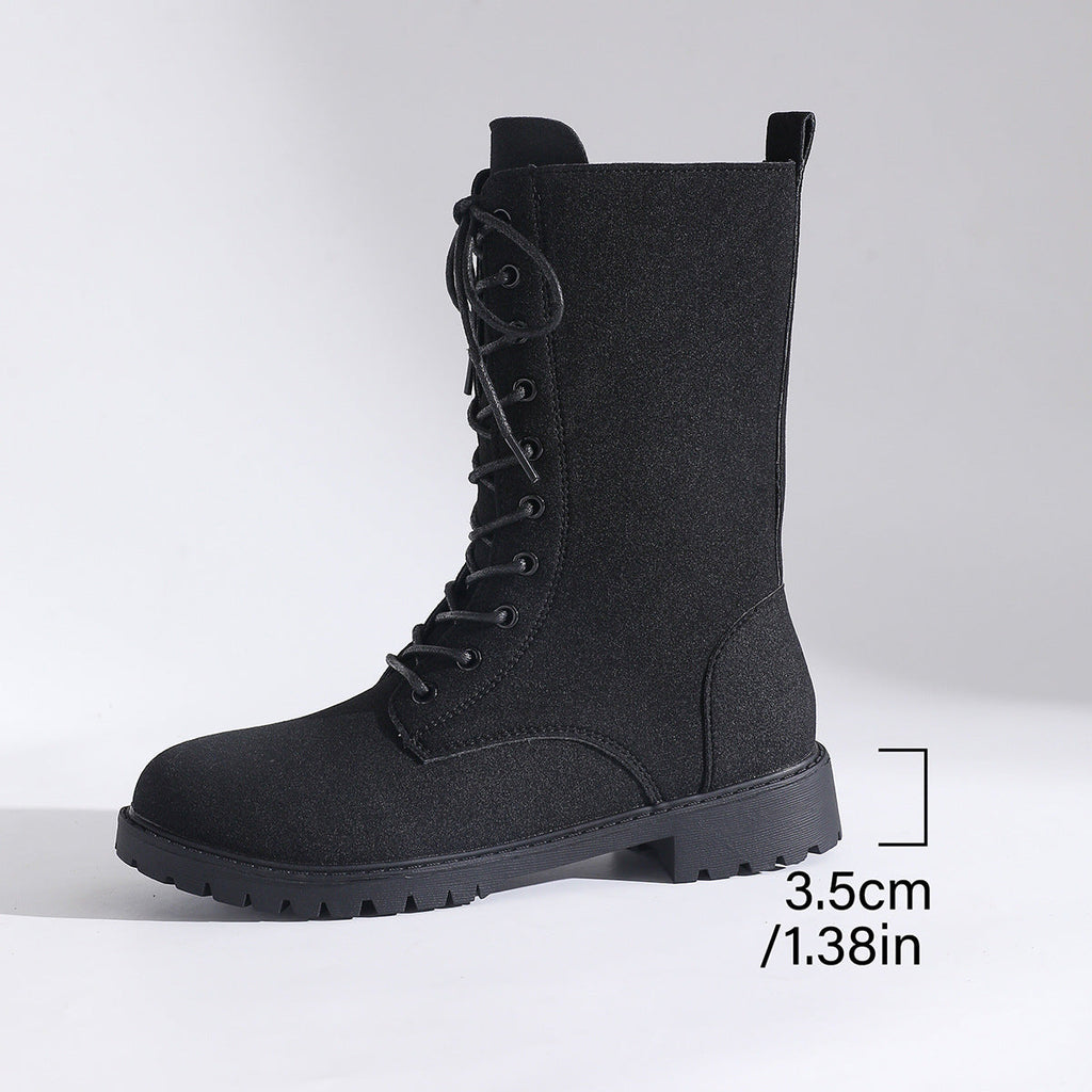 Women's Lace-Up Mid-Calf Combat Boots – Square Block Heel Lug Sole