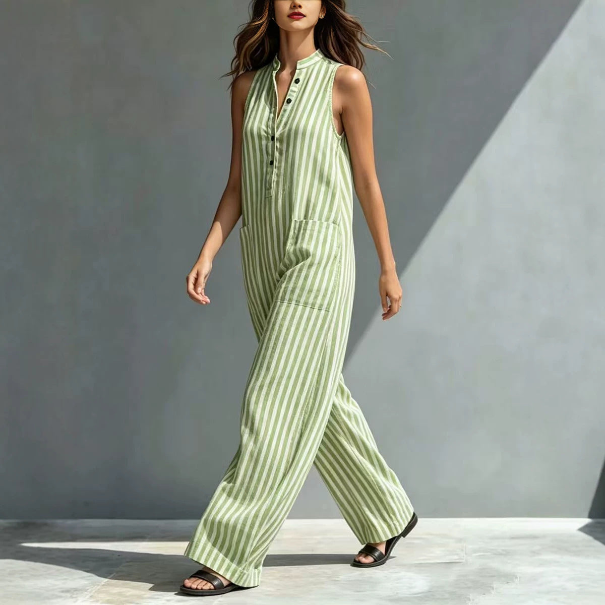 V-Neck Sleeveless Striped Loose Cropped Jumpsuit | 3 Colors S–3XL