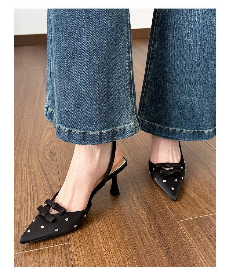 Women's Closed Toe Slingback Stiletto Heels – Bowknot & Rhinestone Sandals