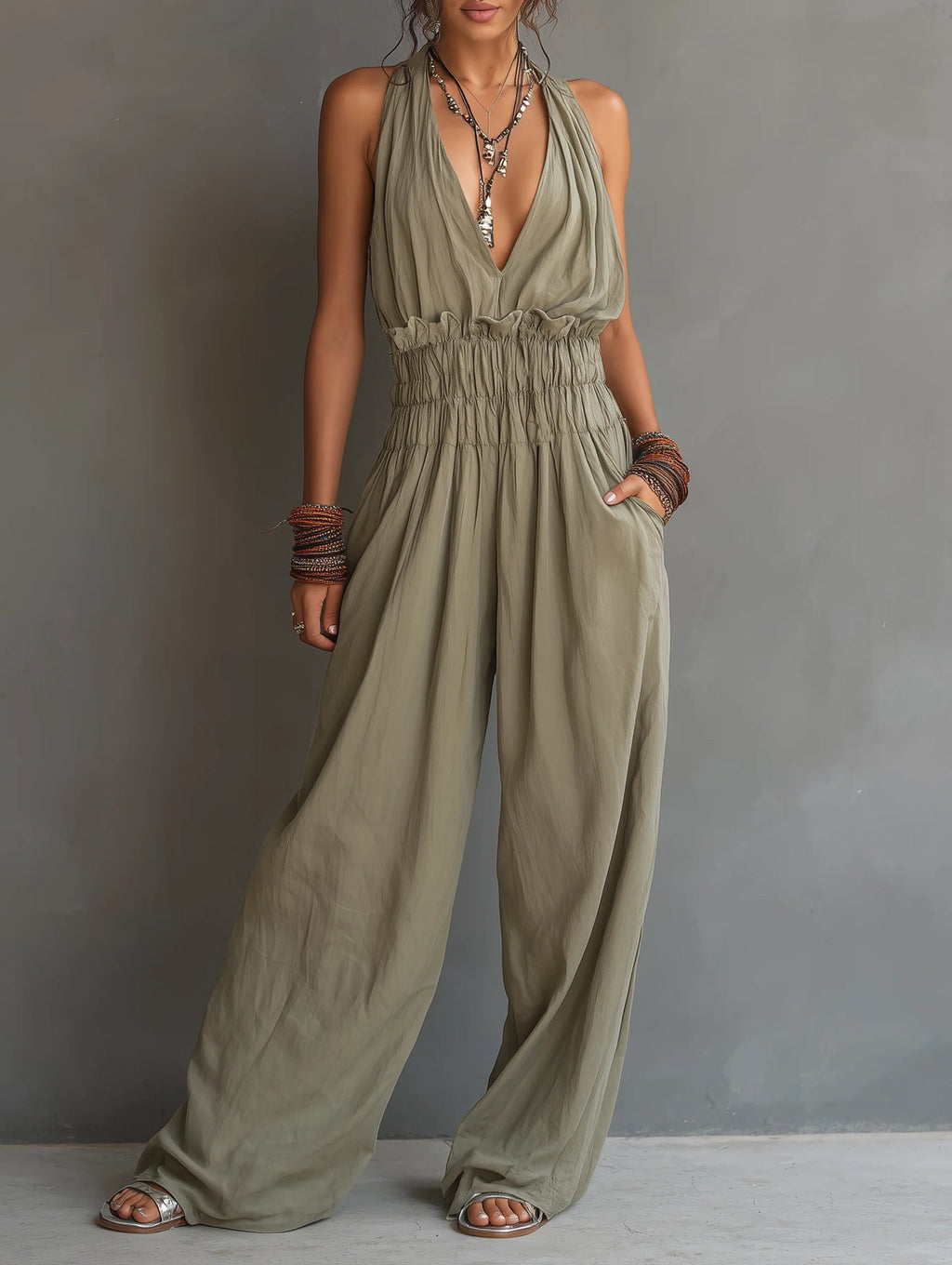 Women's V-Neck Halter Jumpsuit – Sleeveless Open Back Waist-Cinching