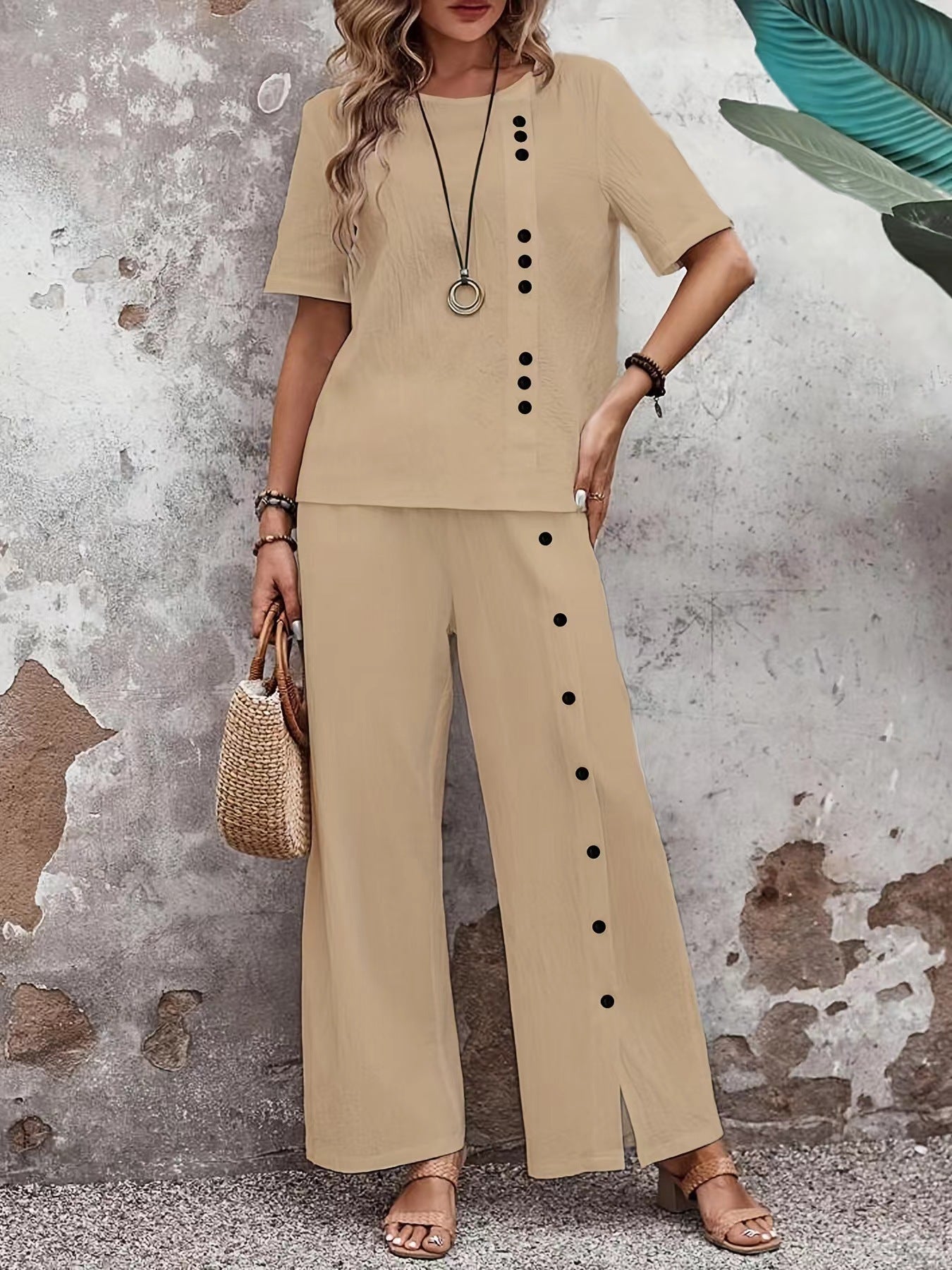 Women’s Button-Up Top and Loose Fit Two Piece Linen Set