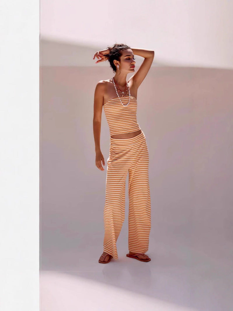 Women's Striped Tube Top & Pants Set – 2-Piece Modal Matching Outfit