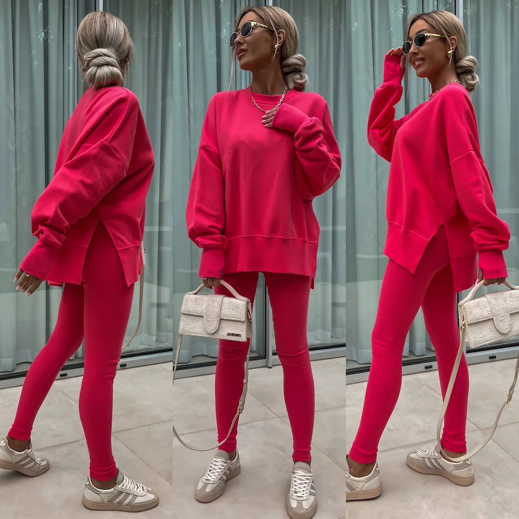 Women’s Casual Sweater Suit – Loose Split Top & Fitted Trousers Set