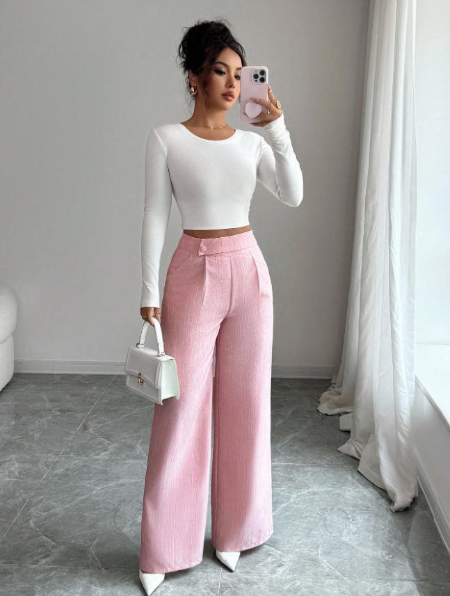 Women's High-Waist Straight-Leg Pants – Solid Color Button Detail Full Length