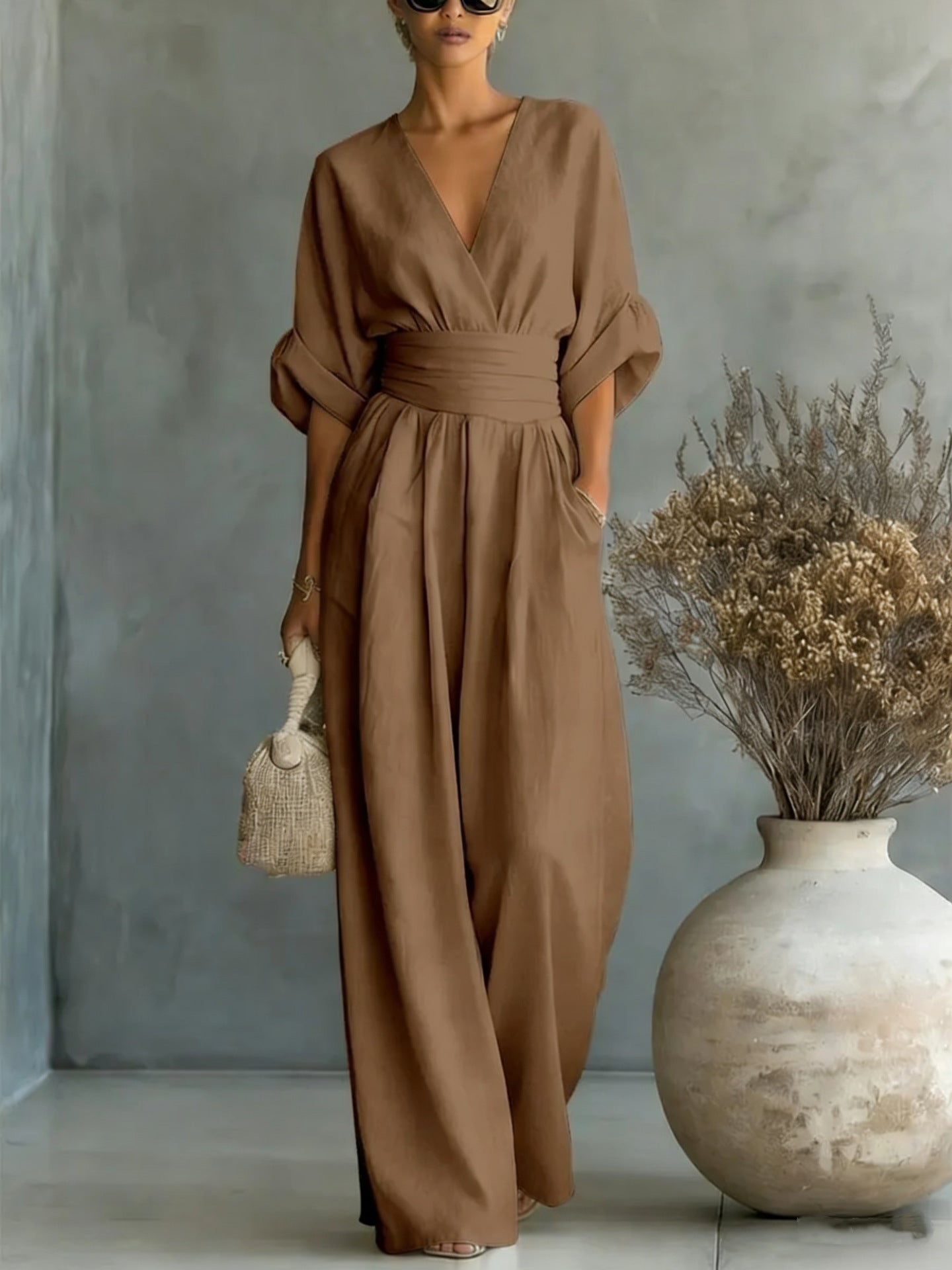 Women's V-Neck Wide-Leg Jumpsuit – High Waist Pleated Elegant 11 Colors S–5XL