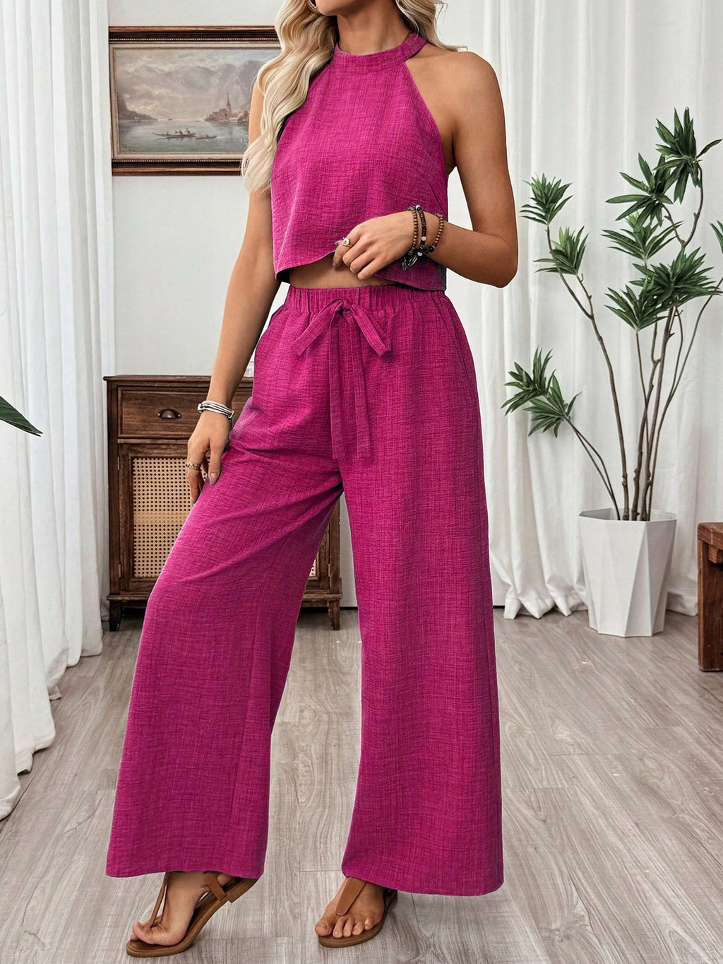 Women's Halter Neck Cropped Top & Wide-Leg Pants Two-Piece Set