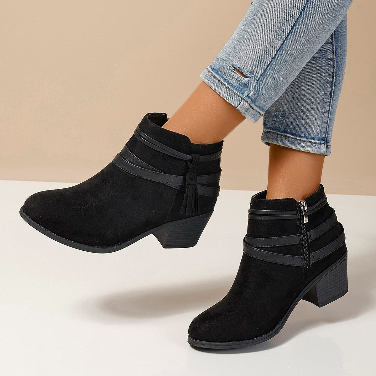 Women's Suede Chunky Heel Ankle Boots – Tassel Strap Side Zipper