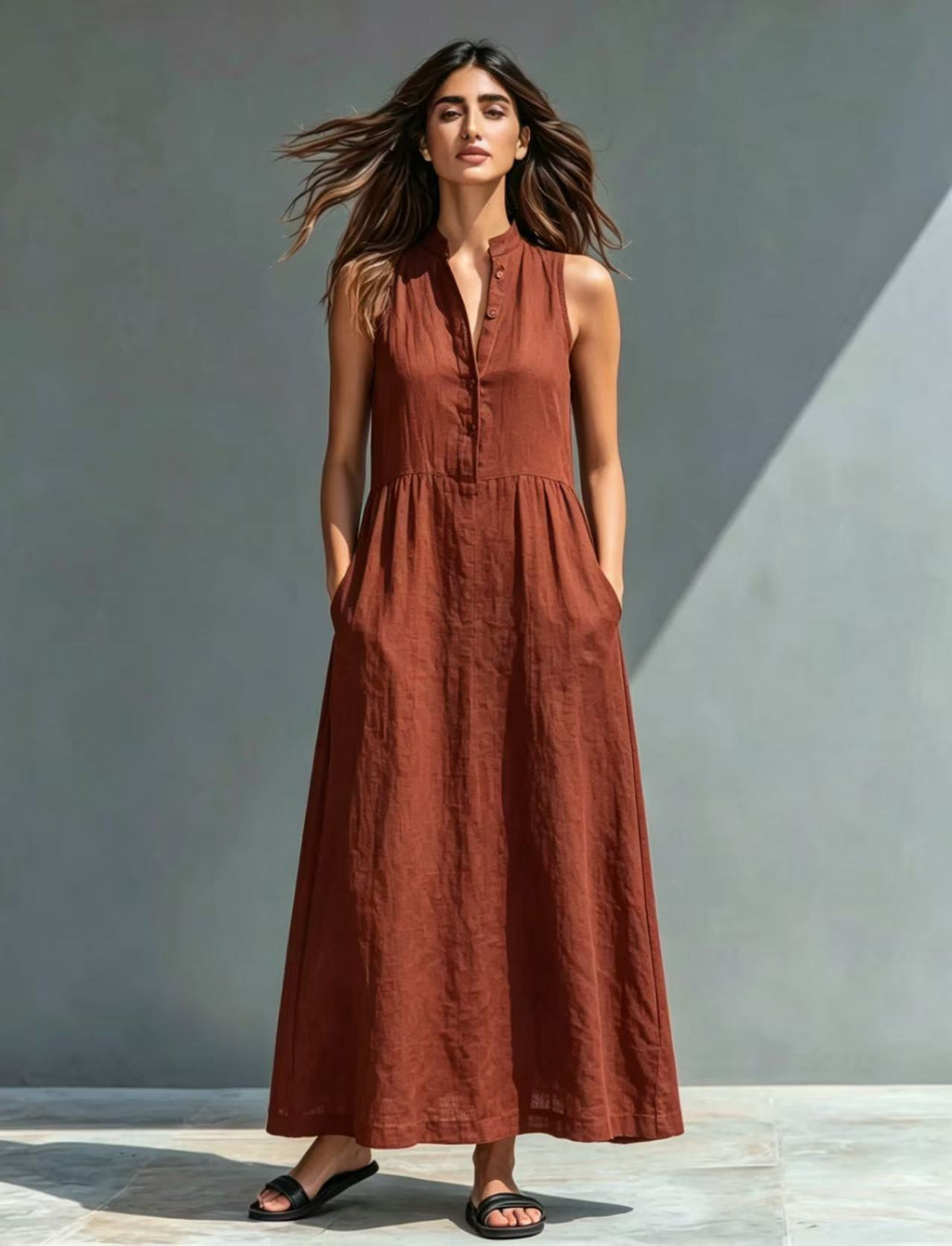 Women's Stand-Collar A-Line Maxi Dress – Resort & Vacation Style