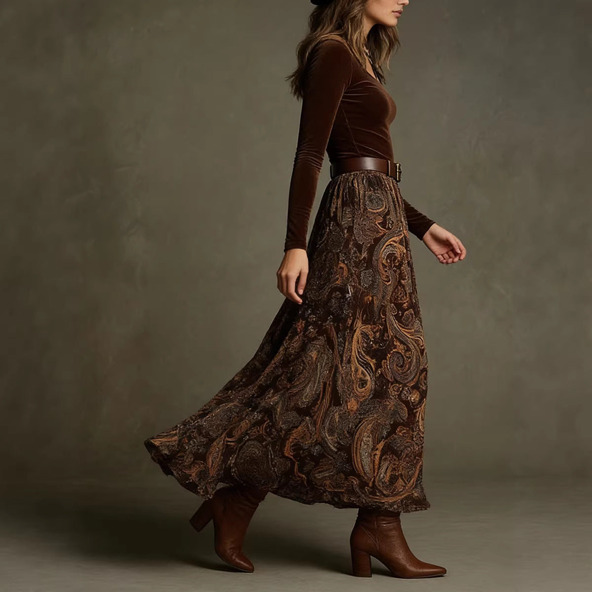 Women's Floral Print Long Sleeve Skirt Set with Belt – Caramel