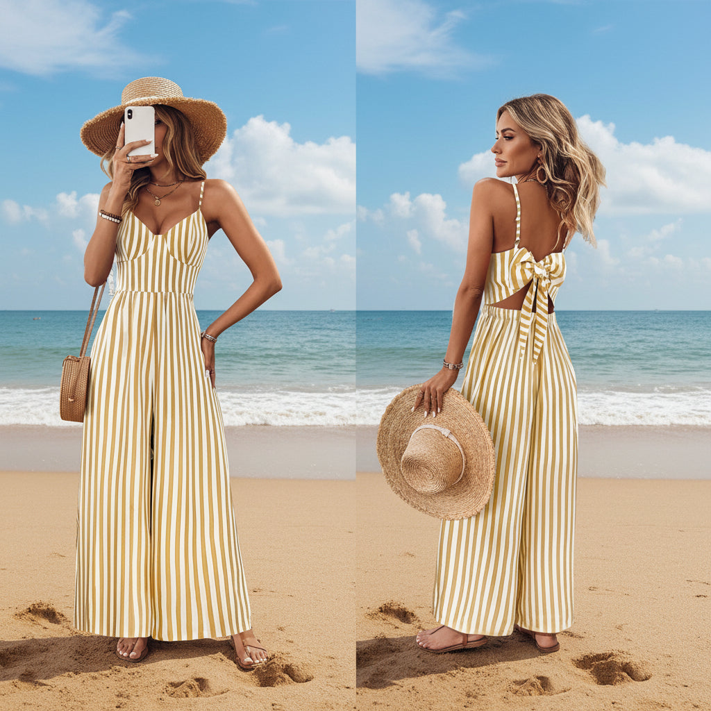 Printed Backless Sleeveless Strap Jumpsuit | Ginger Yellow