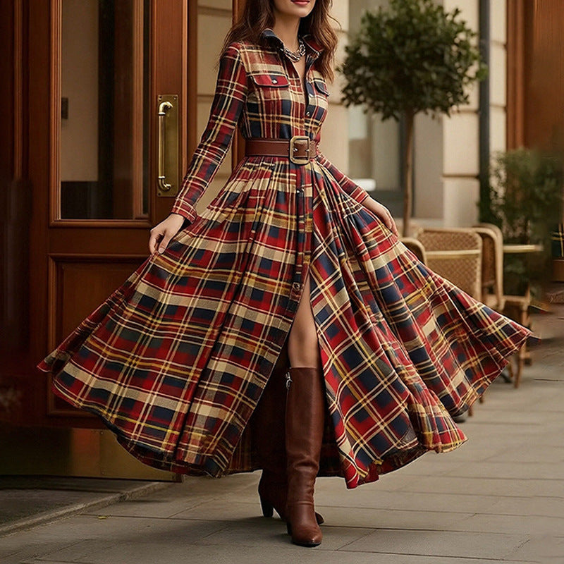 Women's Printed Lapel Slim-Fit Dress – Elegant Commuter Style