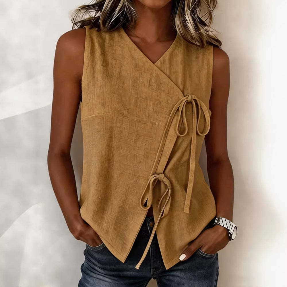 Bow-Tied V-Neck Sleeveless Tank Top – 5 Colors, S–XXL