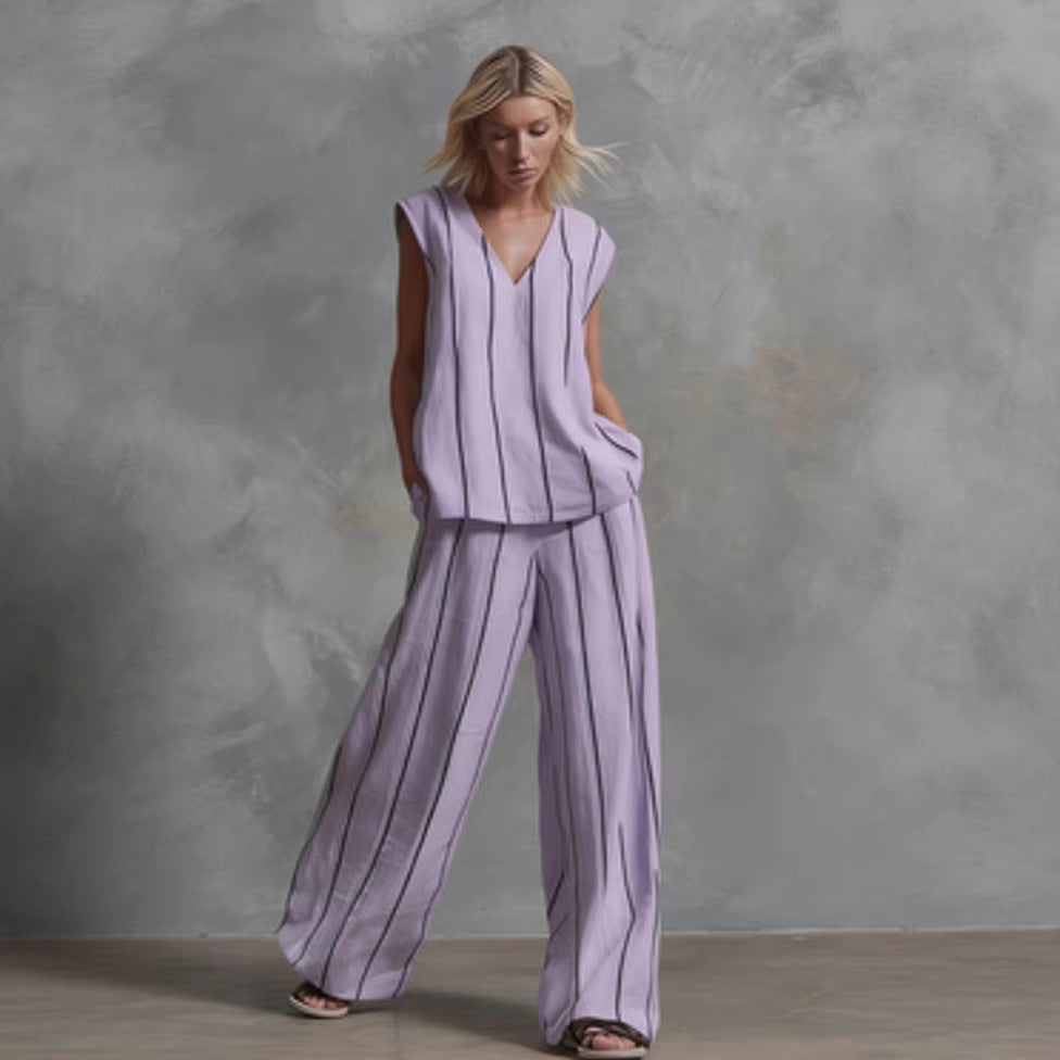 Women’s Sleeveless Striped Top and Full-Length Pants Set