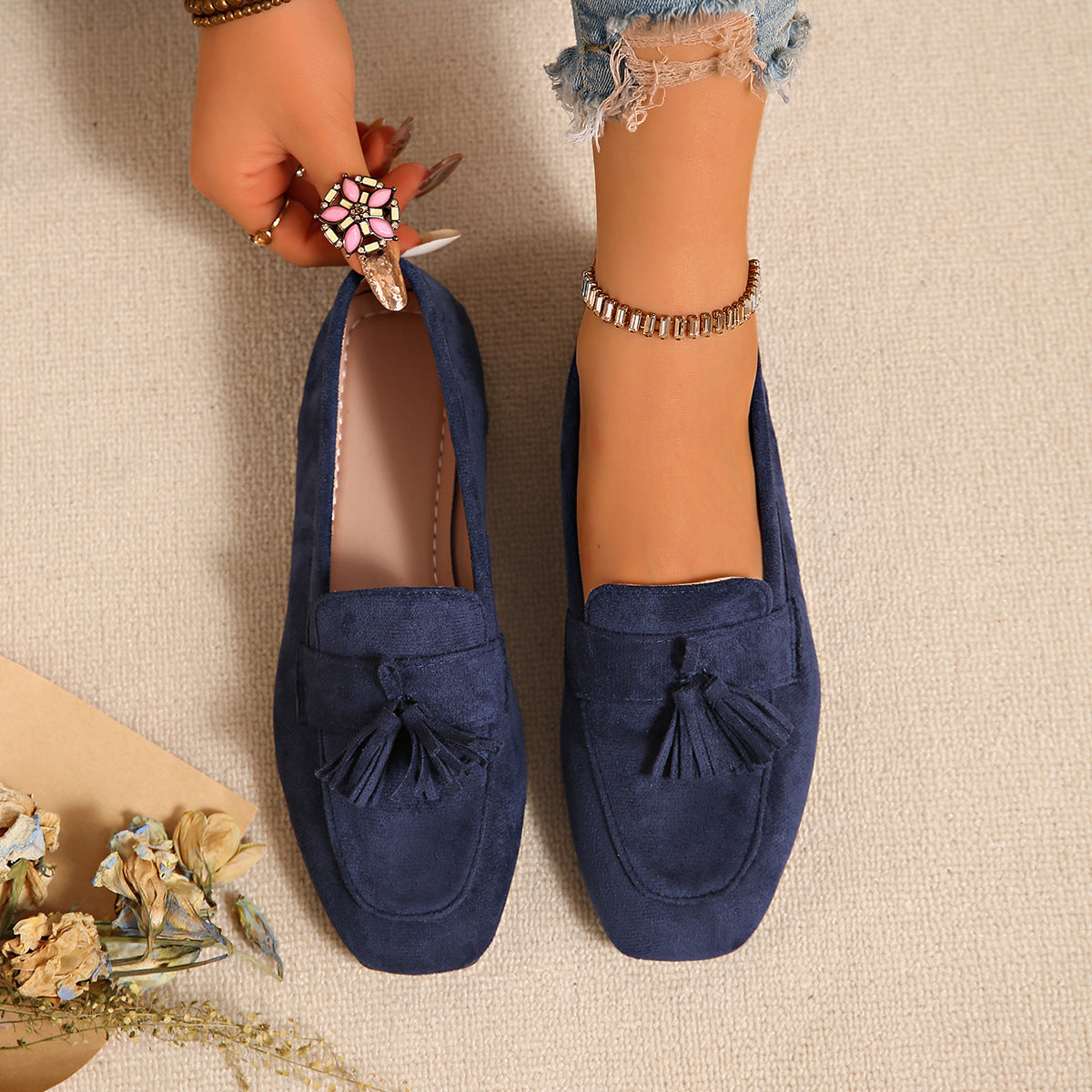 Women's Square Toe Tassel Slip-On Loafers | Suede Flat Casual Shoes