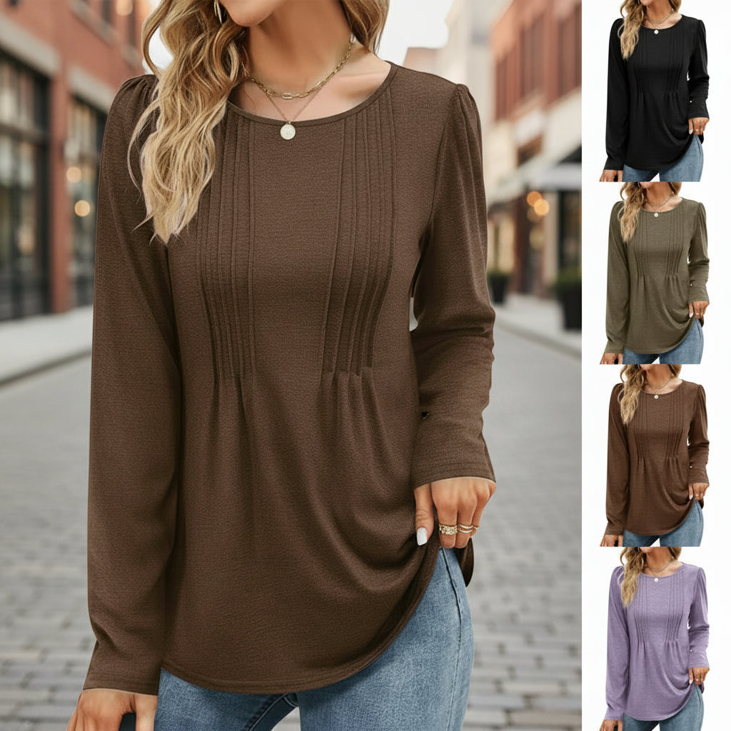Women's Long Sleeve Crew Neck Blouse – Pintuck Pleat Front
