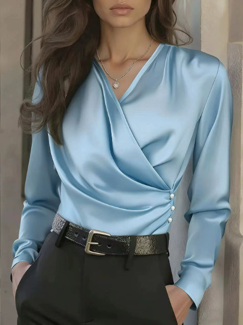 Women's Elegant Cross V-Neck Blouse, Ruffle Detail Button Accent Office Shirt