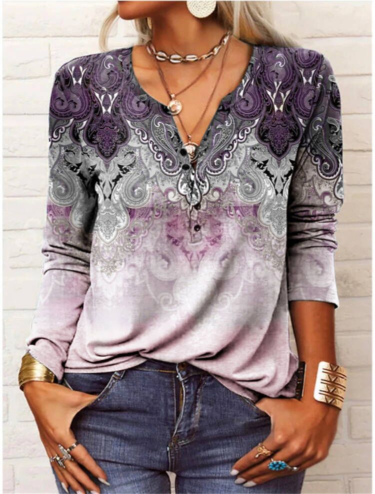 Women's Ethnic Print V-Neck Long Sleeve Loose T-Shirt