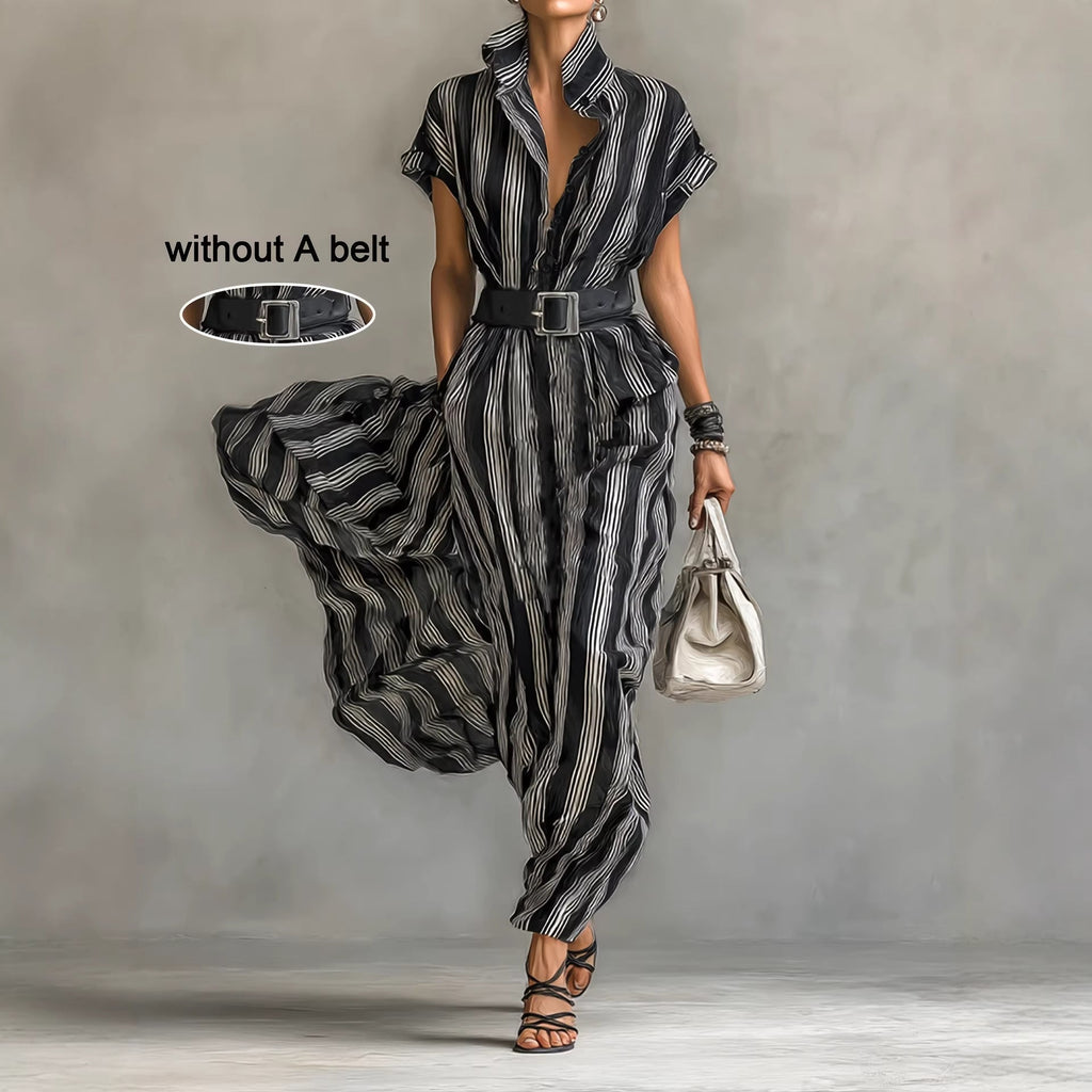 Women's Striped Long Sleeve Button-Up High Waist Flared Maxi Shirt Dress – Black & White