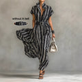 Women's Striped Long Sleeve Button-Up High Waist Flared Maxi Shirt Dress – Black & White