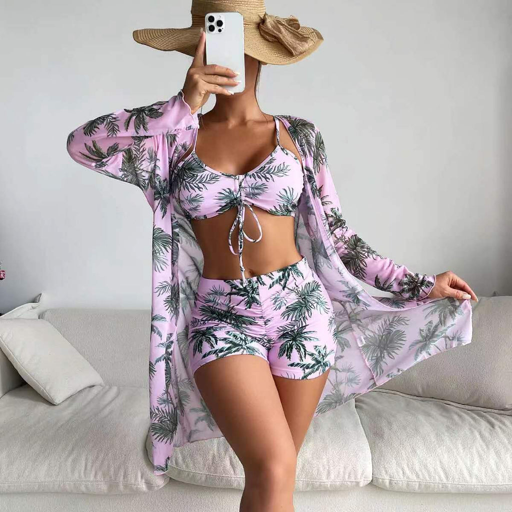 Mesh Cover-Up Three-Piece Swimwear Set – Bikini with Leg-Length Briefs