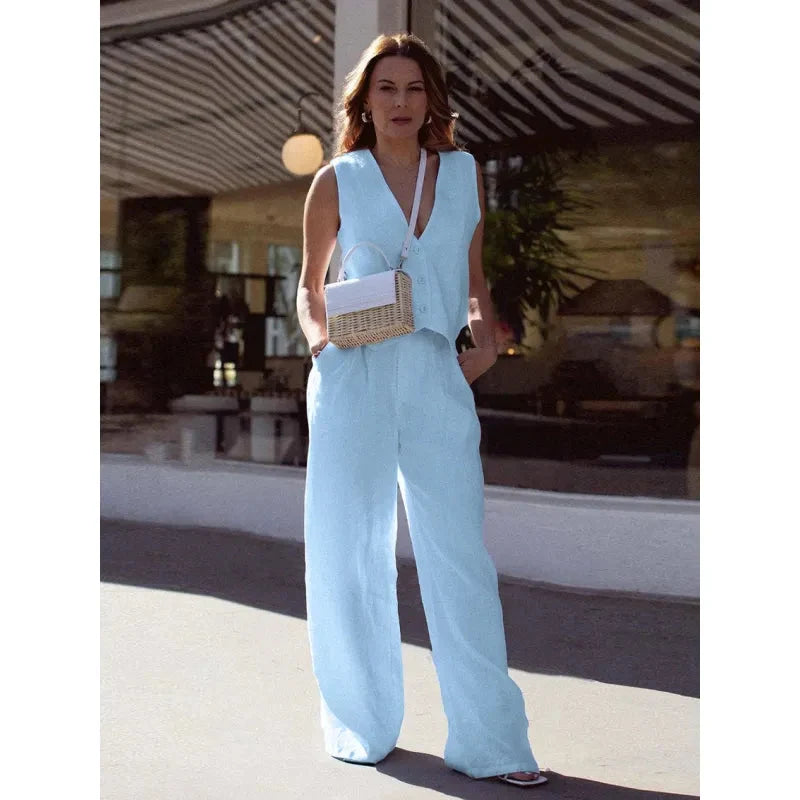 Women’s V‑Neck Button‑Front Vest & High‑Waist Pants Set