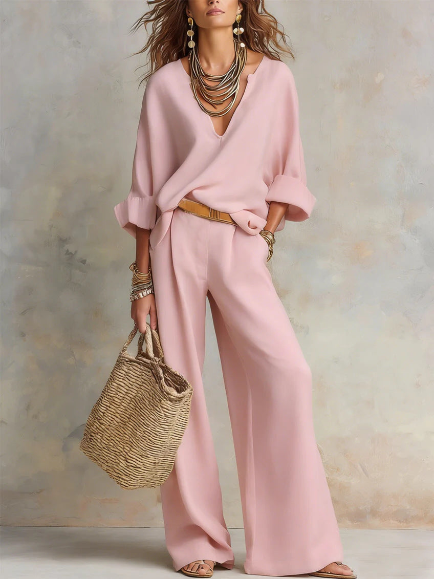 Women's Casual Linen Vacation Set – Three-Quarter Sleeve Top & Full-Length Pants
