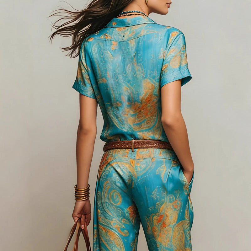 Women's Bohemian Printed Resort Two-Piece Set – 3/4 Sleeve Shirt & Pants