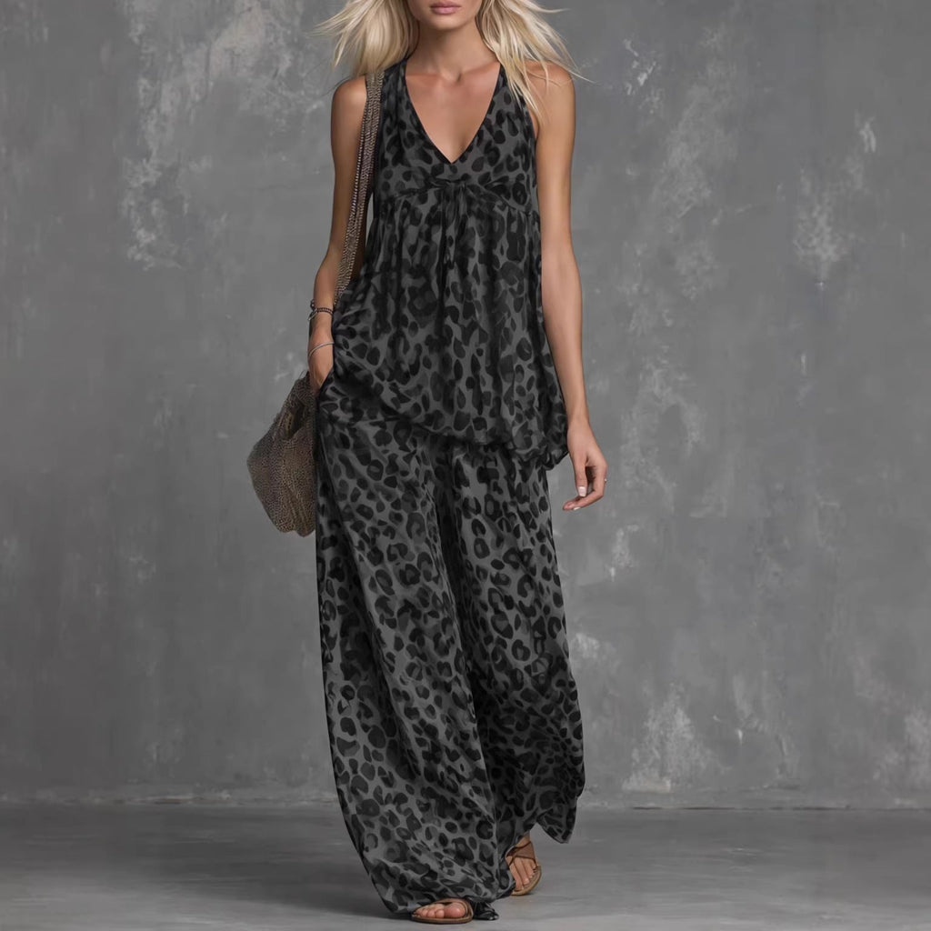 Women’s Leopard Print Sleeveless Top and Chiffon Pants Set