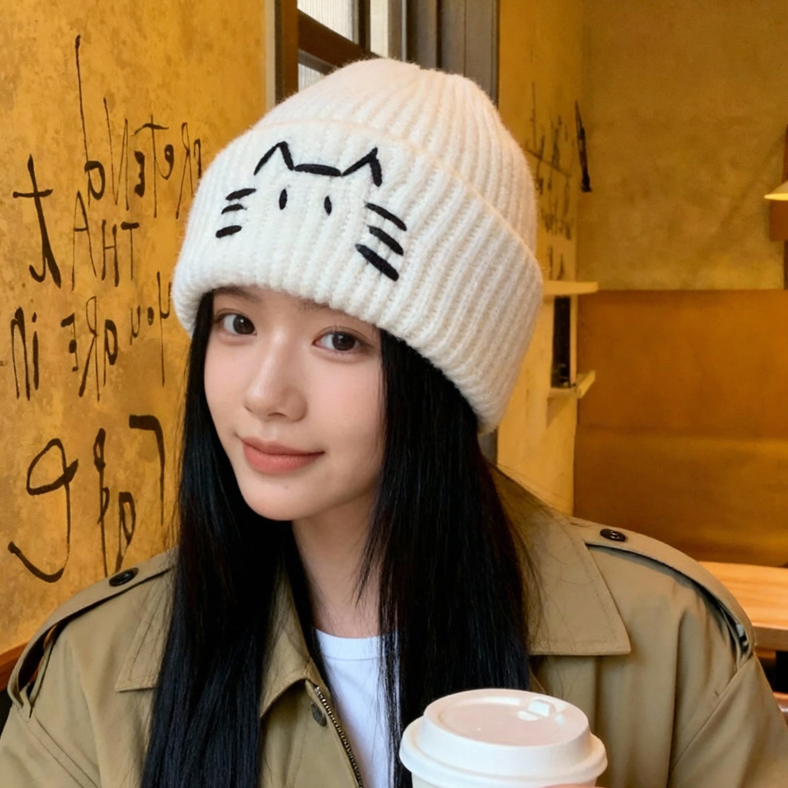 Women’s Cute Cat Line Design Knitted Hat – Warm Fall & Winter Beanie