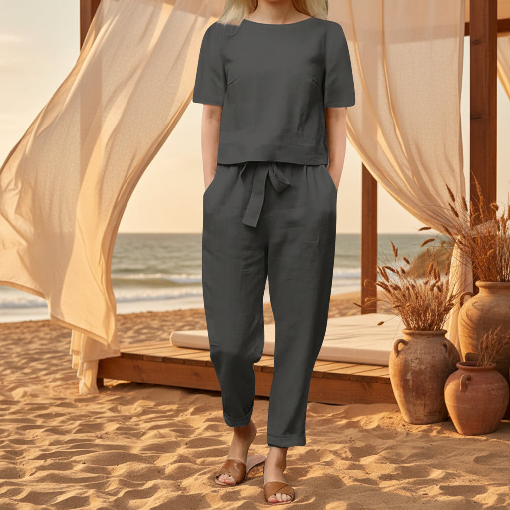 Wide-Leg Pants Two-Piece Set – Solid Color Casual Lounge Suit