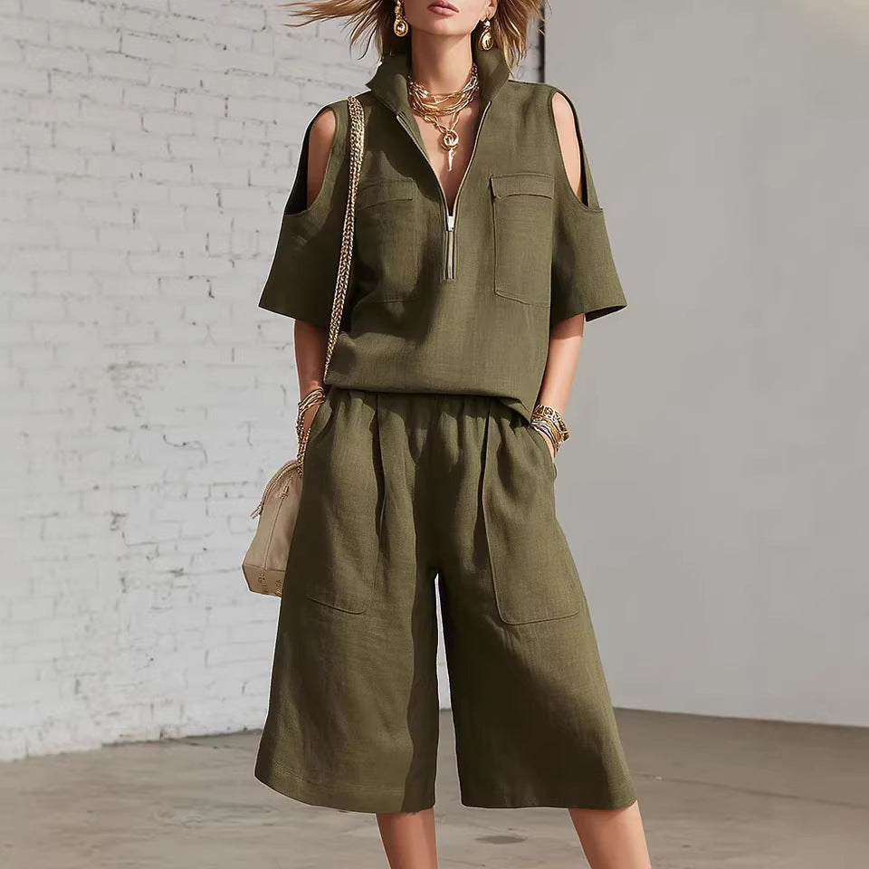Short-Sleeve Shirt & Loose Shorts Two-Piece Set | Casual