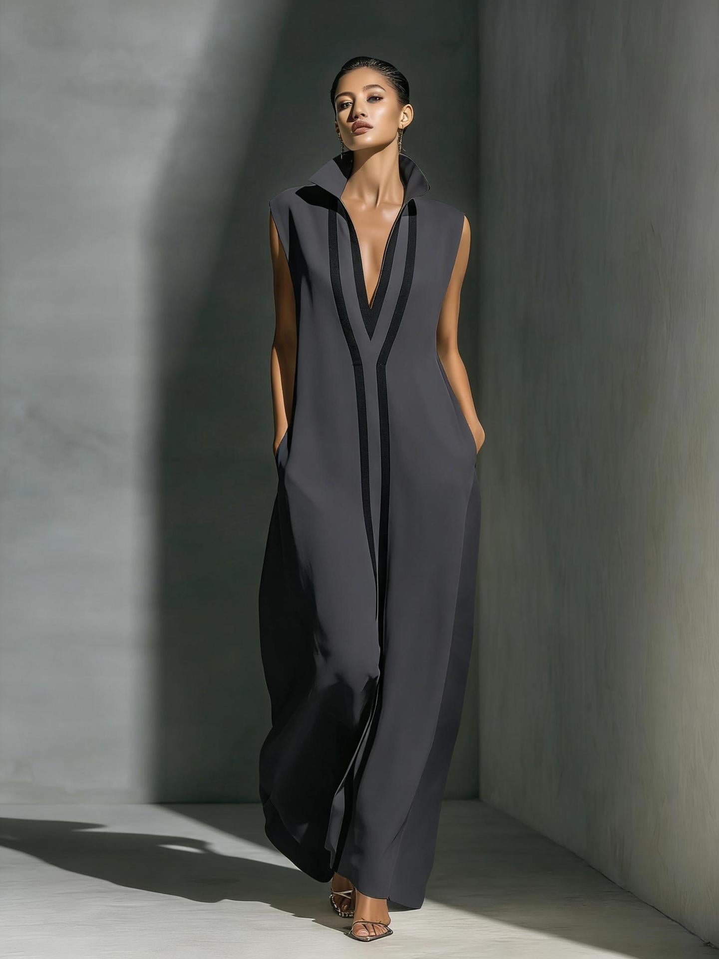 Women's V-Neck Color-Block Sleeveless A-Line Maxi Dress – 4 Colors XS–2XL
