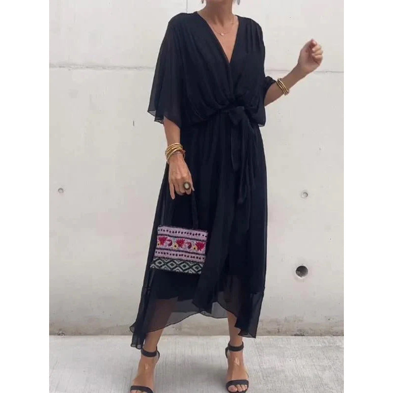 Batwing Sleeve V-Neck Midi Dress – Tied Irregular Hem Fairy Dress