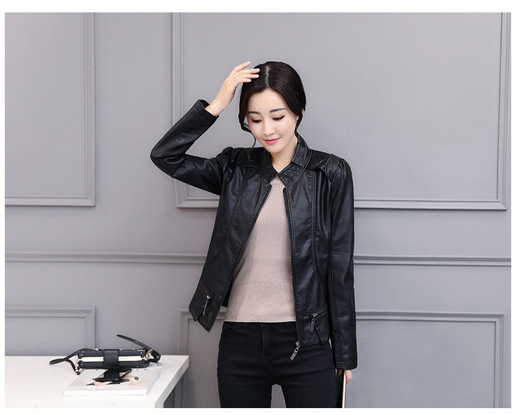 Korean-Style Slim Fit Motorcycle Leather Coat — Stand-Up Collar